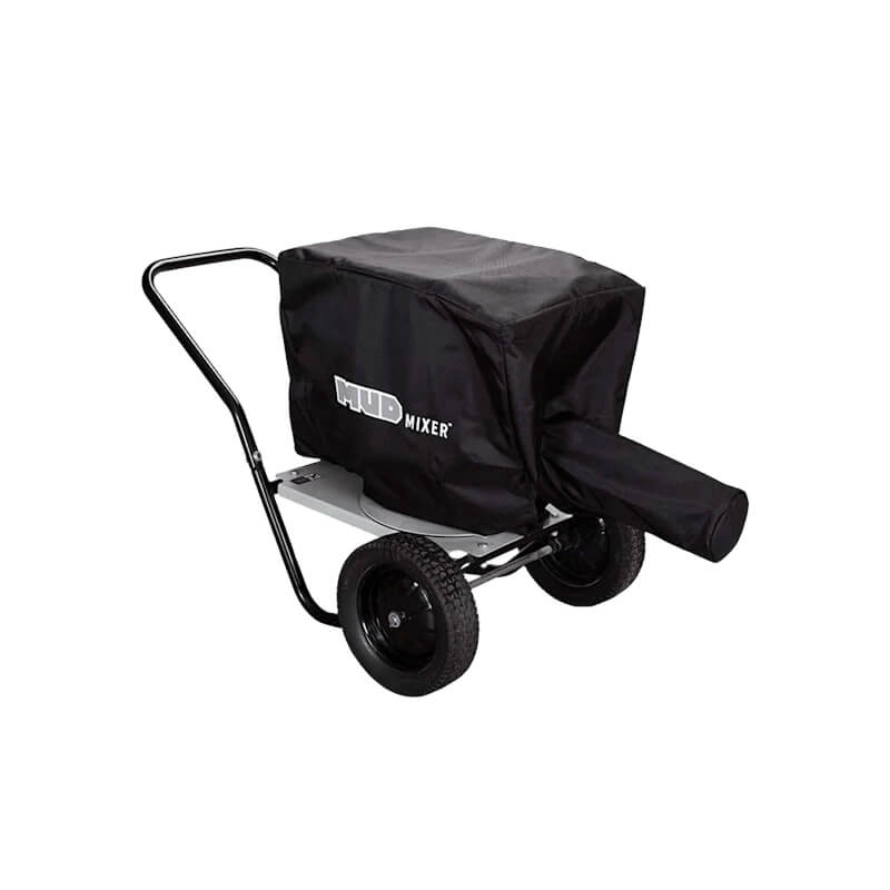 MudMixer All-Weather Cover, black protective cover on wheeled cart with handle.