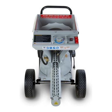 MudMixer Evolution Concrete Mixer front view, gray with handle, wheels, and operational controls.