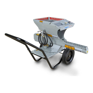 MudMixer Evolution Concrete Mixer in gray, angled view with wheels, hose, and loading chute.