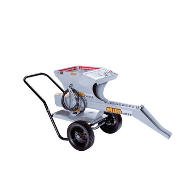 MudMixer Evolution Extension Chute, gray, front view with wheels and handle for easy mobility.