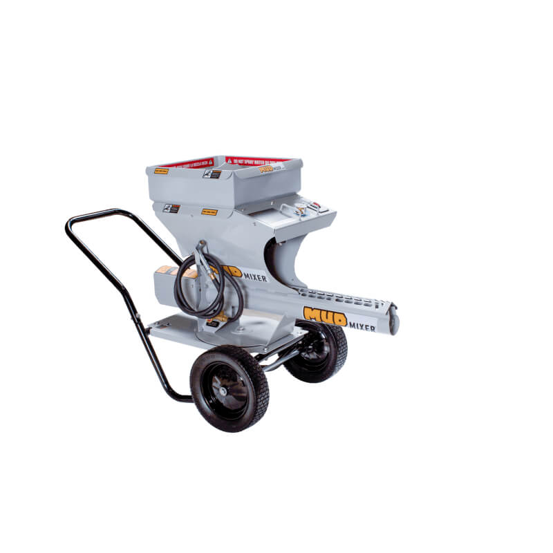 MudMixer Hopper Extension, gray, angled view with wheels and control panel features.