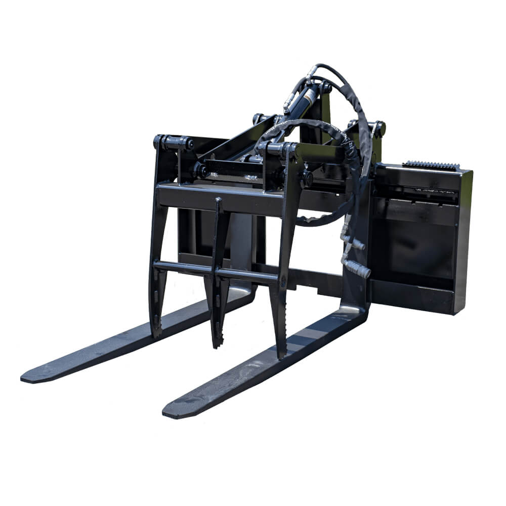 Pallet Fork Grapple Attachment by Prime Attachments, black, angled view with dual forks and hydraulic features.