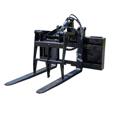 Pallet Fork Grapple Attachment by Prime Attachments, black, angled view with dual forks and hydraulic features.
