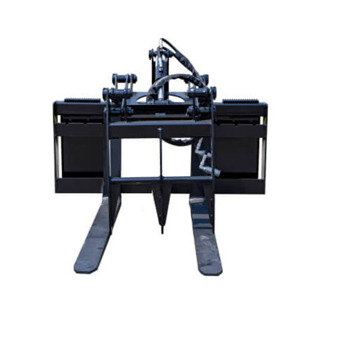 Pallet Fork Grapple Attachment by Prime Attachments, black, front view with dual forks and hydraulic system.
