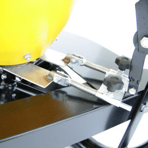 BEFCO Poly Hop Broadcast Spreader angled view, yellow hopper with metal components and black base.