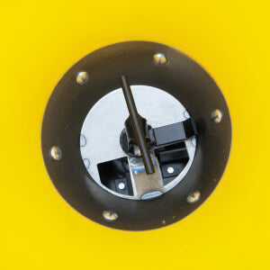 Poly Hop Broadcast Spreader by BEFCO, top-down view showing metal control and bright yellow container.
