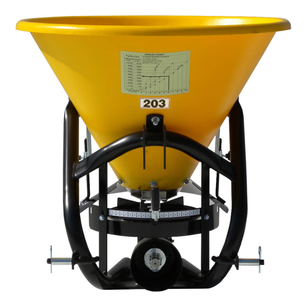 Poly Hop Broadcast Spreader BEFCO, yellow cone-shaped hopper with a sturdy black frame and wheels.