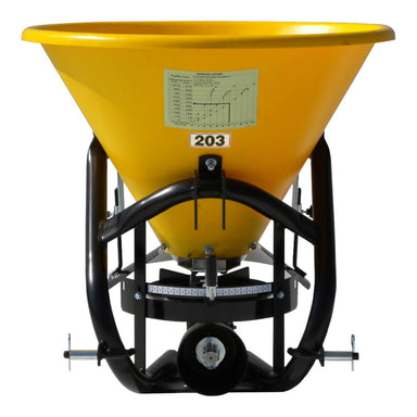 Poly Hop Broadcast Spreader BEFCO, yellow cone-shaped hopper with a sturdy black frame and wheels.