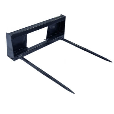 Prime Attachments 2-Prong Bale Spear for Skid Steer, black, front view with two sturdy prongs.