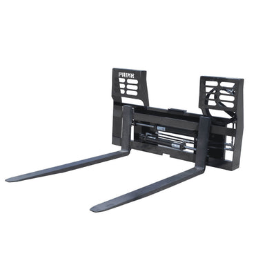 Prime Attachments Skid Steer Hydraulic Adjustable Forks, black, front view with adjustable forks.