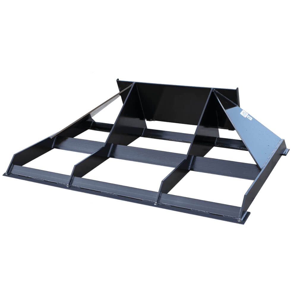 Prime Attachments skid steer land leveler attachment, black, angled view with robust structural design.