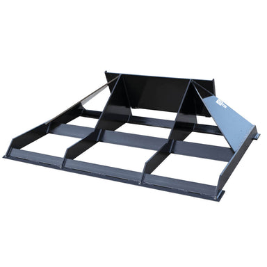 Prime Attachments skid steer land leveler attachment, black, angled view with robust structural design.