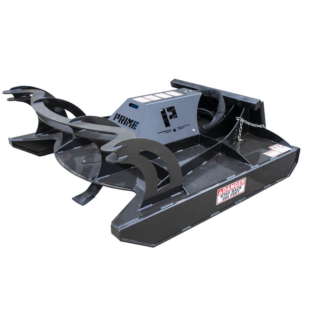 Prime Attachments Skid Steer Mower Attachment, compact design in black with curved cutting edges.