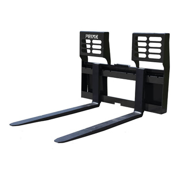Prime Attachments Skid Steer Pallet Fork Attachments, black, front view with two long forks.