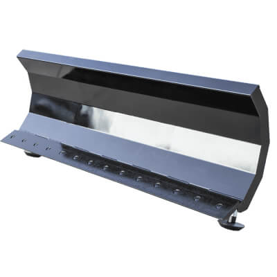 Prime Attachments Skid Steer Snow Plow Blade, angled view, black with a smooth, shiny finish.
