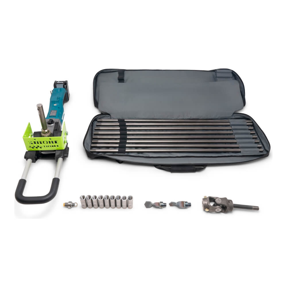 SiBore SB215e Battery Powered Micro Bore Drill Machine in blue with multiple drill rods and accessories.