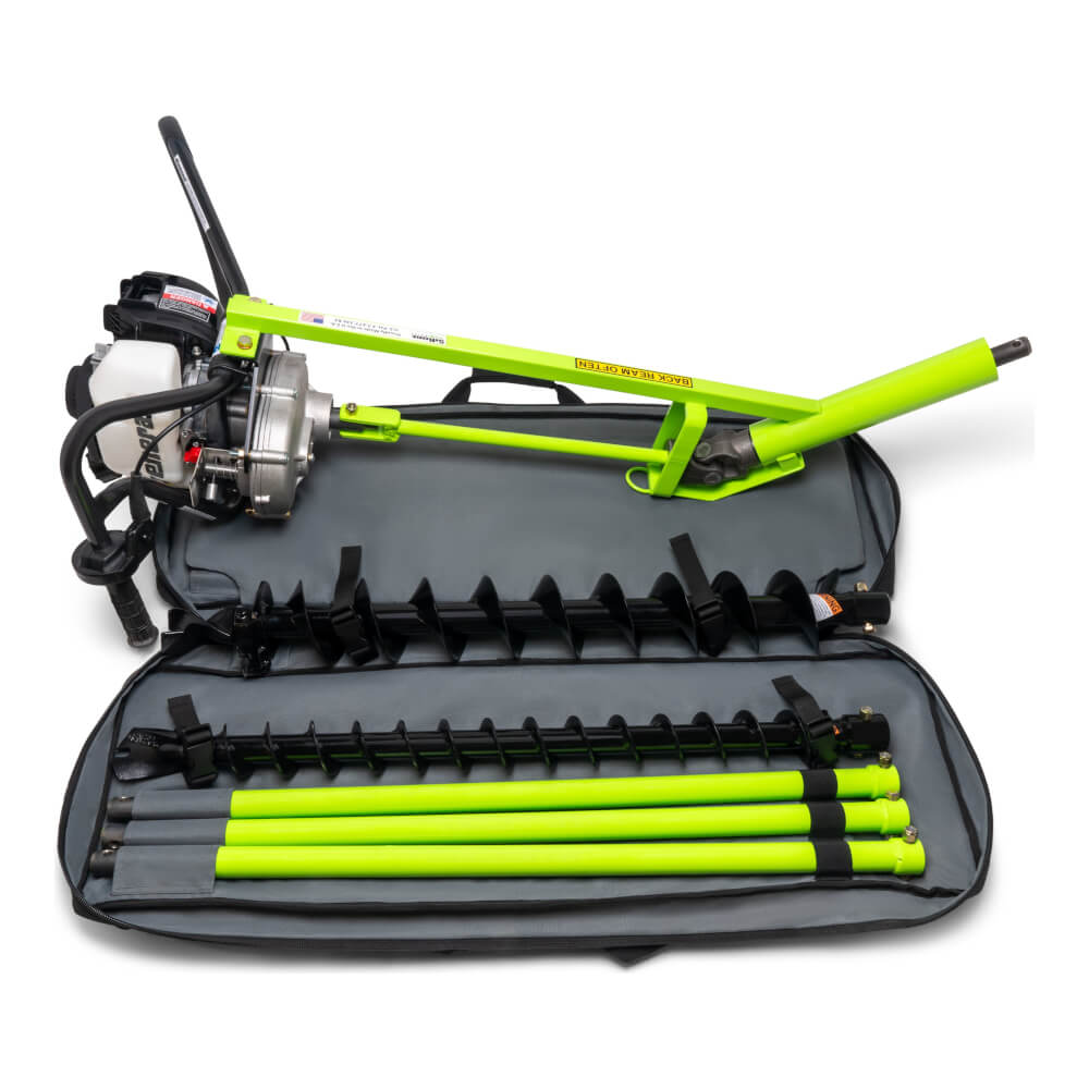 SiBore SB216 Bore Drill Machine top view, bright green with multiple drill bits and carry case.