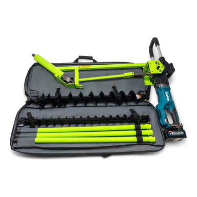 SiBore SB216e Battery Powered Bore Drill Machine with green and black components, includes accessories in carrying case.