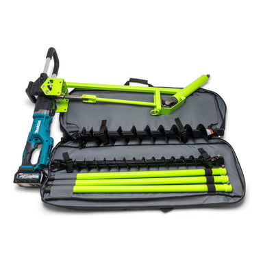 SiBore SB216e Battery Powered Bore Drill Machine, green and blue, angled view with drill bits and accessories.