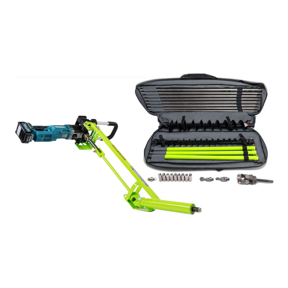 SiBore SB431e Battery Powered Bore Drill Machine, front view in teal and green with accessories.