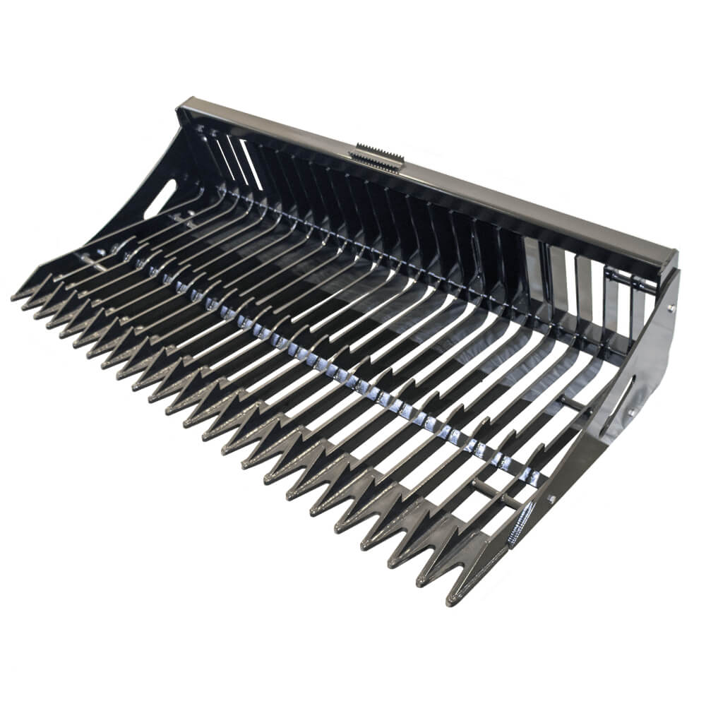Skeleton Rock Bucket for Skid Steer, angled view, black with sharp tines for efficient debris removal.