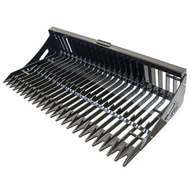 Skeleton Rock Bucket for Skid Steer, angled view, black with sharp tines for efficient debris removal.