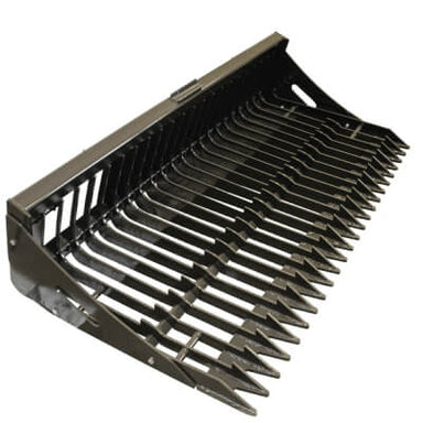 Skeleton Rock Bucket for Skid Steer, black, angled view with multiple tines for debris handling.