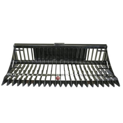 Skeleton Rock Bucket for Skid Steer, black, front view with open slots and robust design.