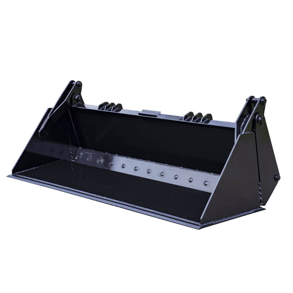 Prime Attachments Skid Steer 4-in-1 Bucket, black, angled view showcasing durable construction and versatile design.