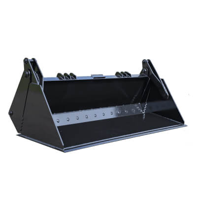 Skid Steer 4-in-1 Bucket by Prime Attachments, black, angled view with robust construction.