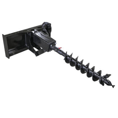 Prime Attachments Skid Steer Auger Drive angled view, black with auger drill bit and motor.