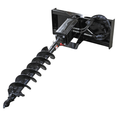 Prime Attachments skid steer auger drive, black with spiral drill bit and hydraulic connections.