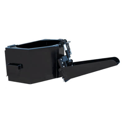 Skid Steer Concrete Hopper by Prime Attachments, black, side view with extended chute.