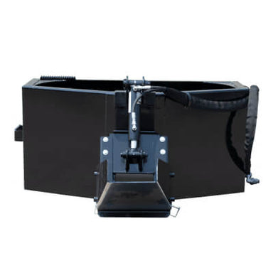 Skid Steer Concrete Hopper by Prime Attachments, black with a front view and loading scoop.