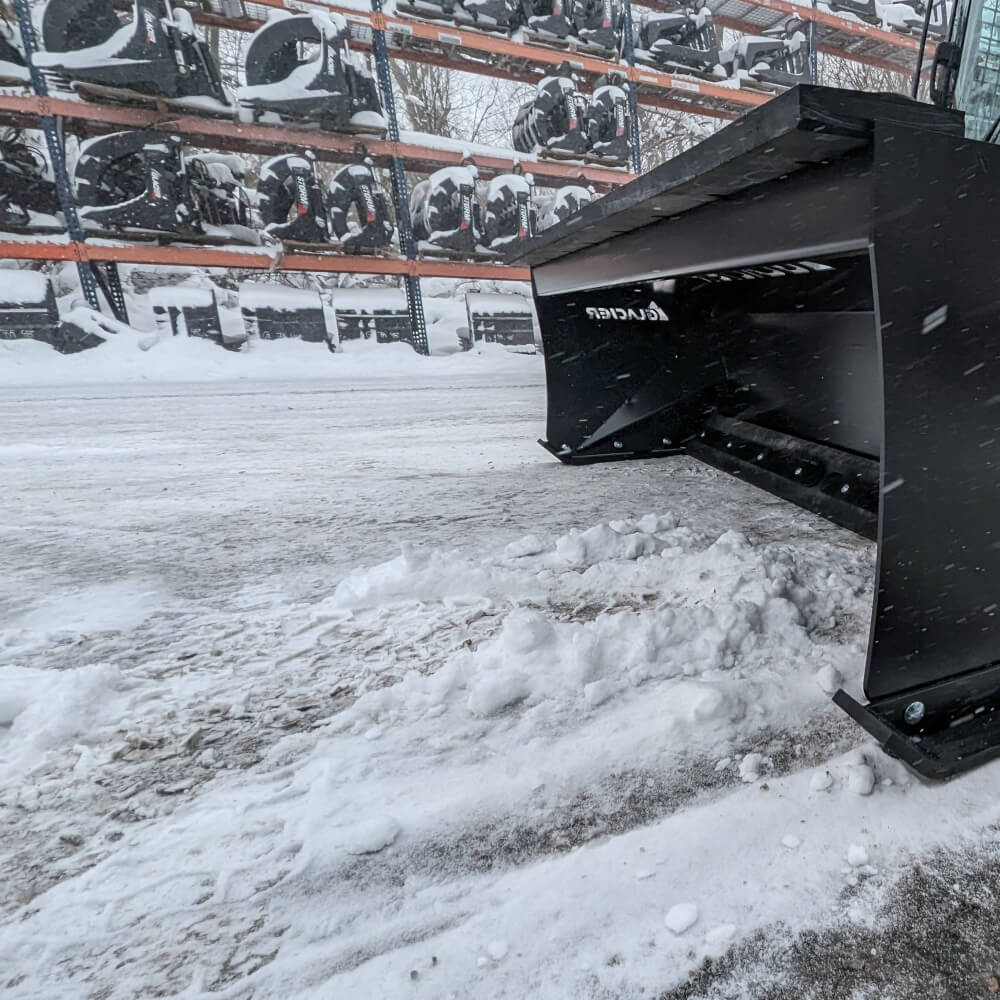 Glacier Attachments skid steer heavy duty snow pusher, black, angled view, ideal for snow removal.