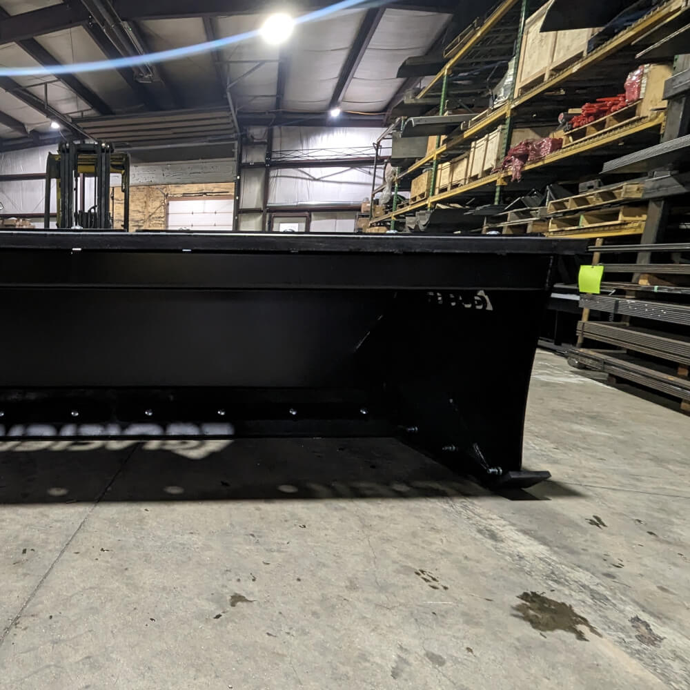 Glacier Attachments Skid Steer Heavy Duty Snow Pusher, black, front view, robust metal construction.