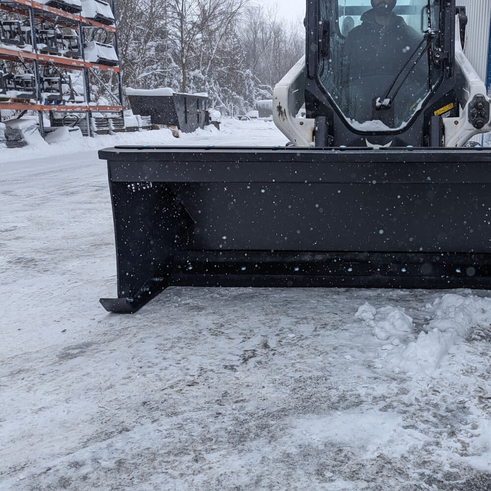 Glacier Attachments Skid Steer Heavy Duty Snow Pusher front view, black, designed for snow removal.