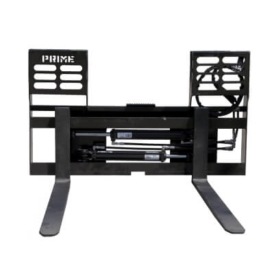 Prime Attachments Skid Steer Hydraulic Adjustable Forks, front view, black metal with adjustable arms.