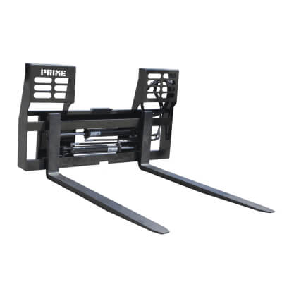 Prime Attachments Skid Steer Hydraulic Adjustable Forks, black, front view with hydraulic mechanism and forks.
