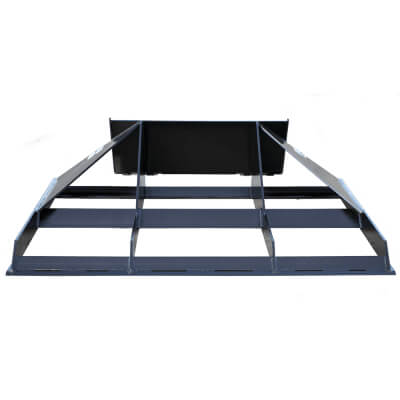 Skid Steer Land Leveler Attachment by Prime Attachments, angled view in metallic gray with open frame.