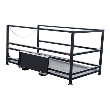 Skid Steer Man Basket by Glacier Attachments, black, angled view with safety chain and platform.