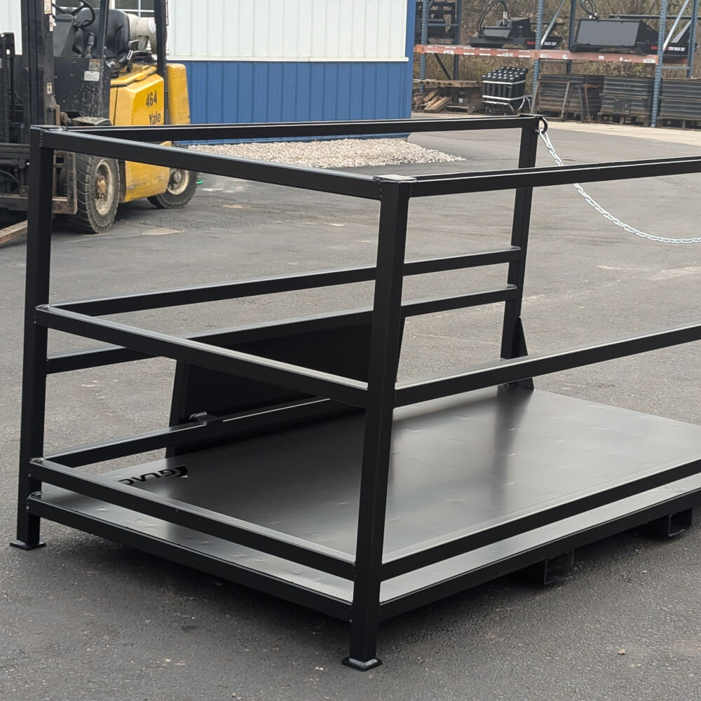 Skid Steer Man Basket by Glacier Attachments, black, front view with safety chain and sturdy frame.