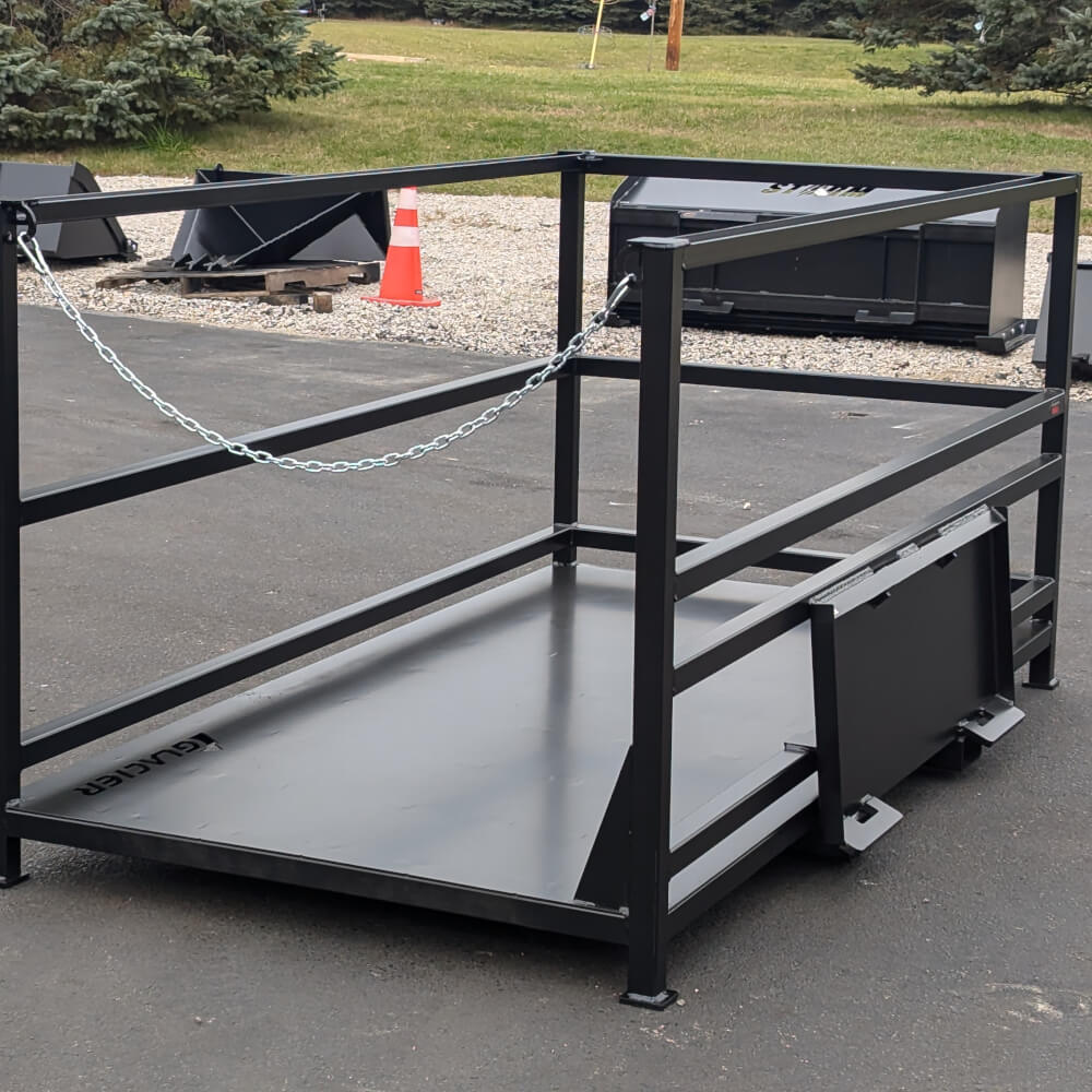 Skid Steer Man Basket by Glacier Attachments, black metal construction, front view with safety chain.