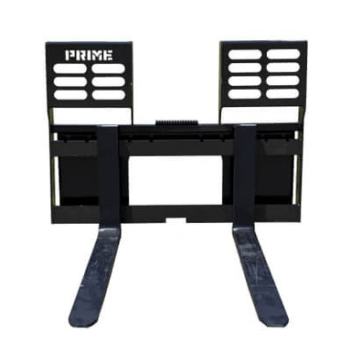 Prime Attachments Skid Steer Pallet Forks, black, front view with adjustable forks and grip.