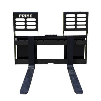 Prime Attachments Skid Steer Pallet Forks, black, front view with adjustable forks and grip.