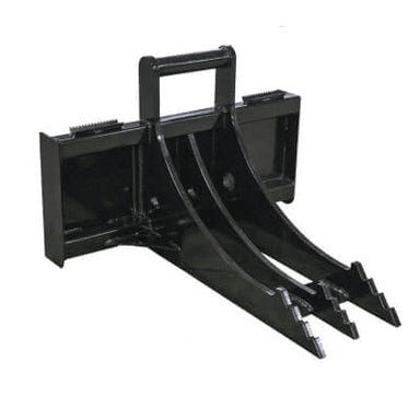 Skid Steer Rock & Root Ripper by Prime Attachments, black with dual prongs and handle.