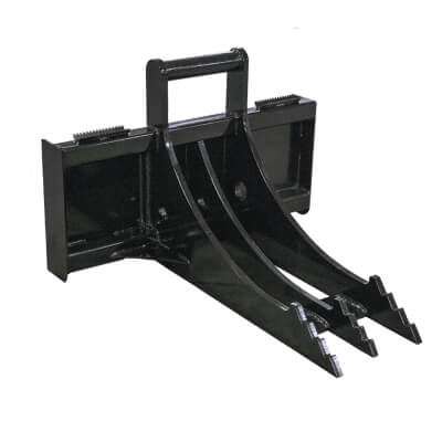 Skid Steer Rock & Root Ripper by Prime Attachments, black with dual prongs and handle.
