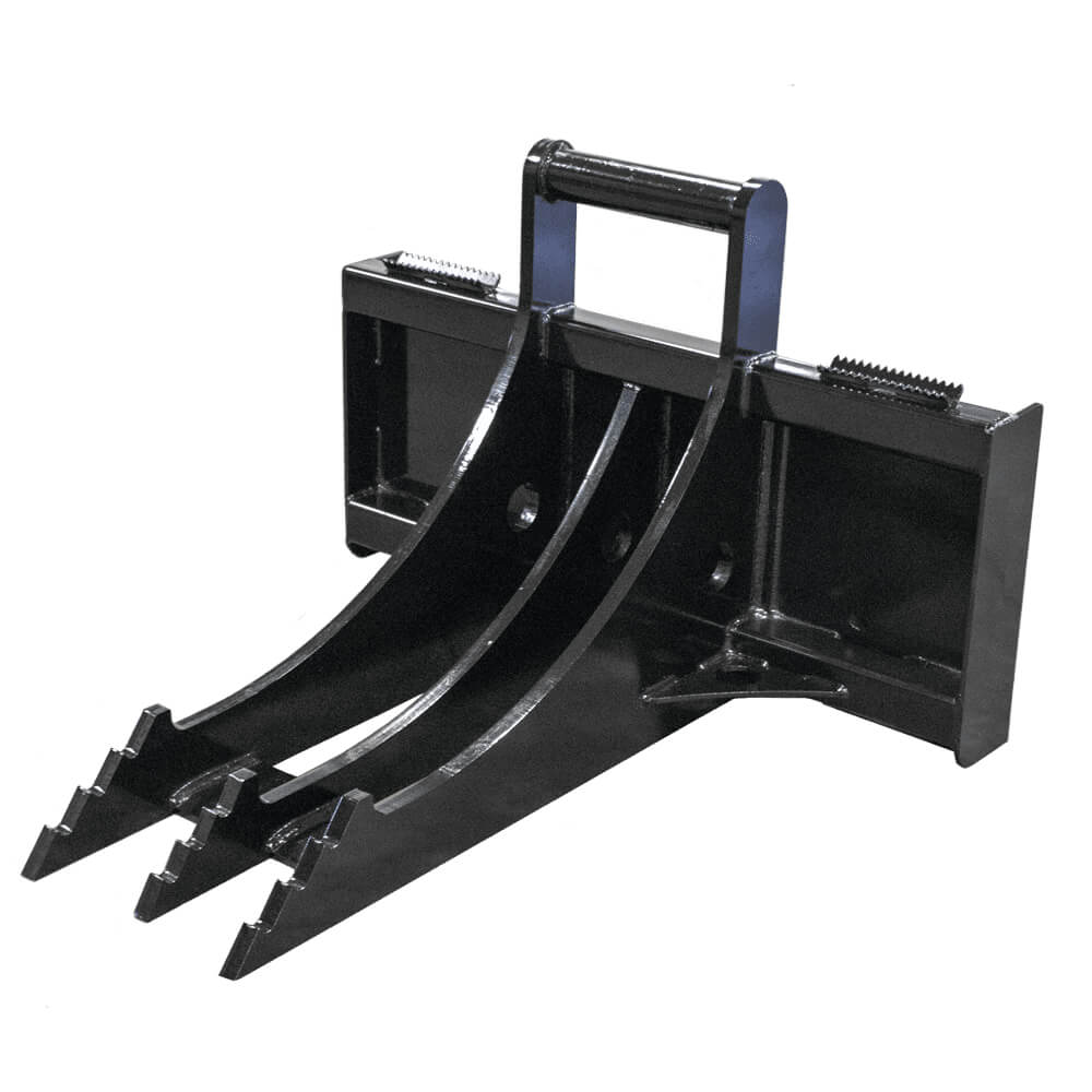 Skid Steer Rock & Root Ripper by Prime Attachments, black, front view with dual curved tines.