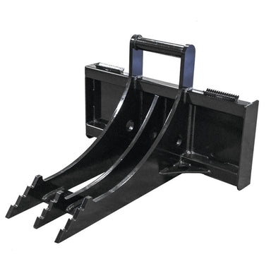 Skid Steer Rock & Root Ripper by Prime Attachments, black, front view with dual curved tines.