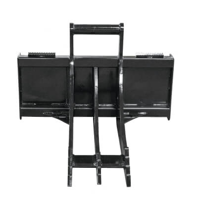Skid Steer Rock & Root Ripper Prime Attachments front view, black metal with curved prongs and handle.